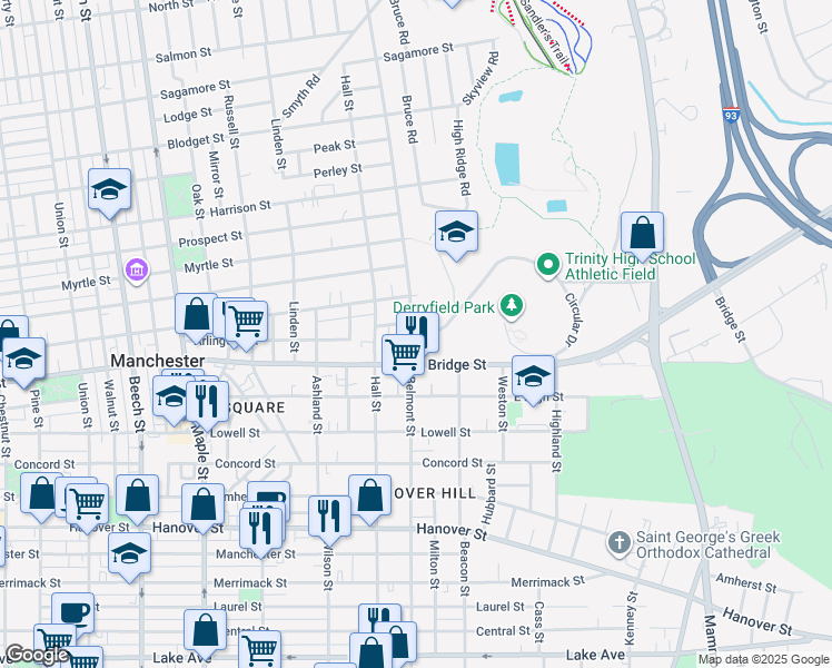 map of restaurants, bars, coffee shops, grocery stores, and more near 677 Belmont Street in Manchester