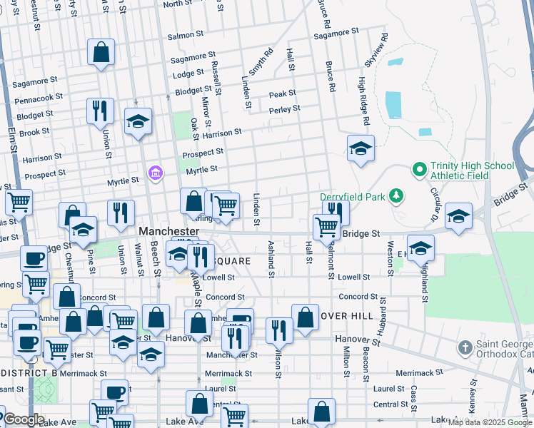 map of restaurants, bars, coffee shops, grocery stores, and more near 85 Arlington Street in Manchester