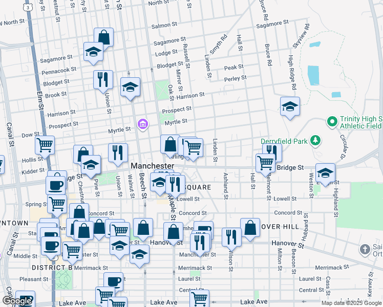 map of restaurants, bars, coffee shops, grocery stores, and more near 53 Arlington Street in Manchester
