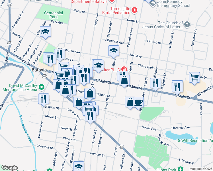 map of restaurants, bars, coffee shops, grocery stores, and more near 6 Swan Street in Batavia