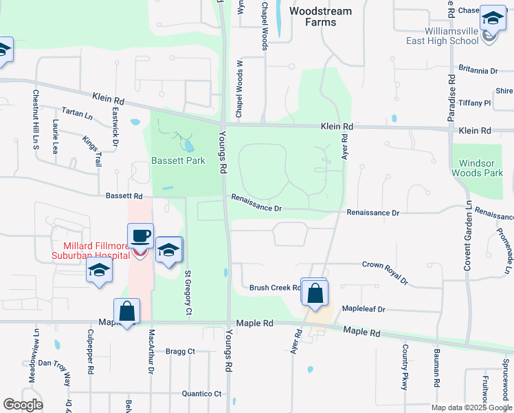 map of restaurants, bars, coffee shops, grocery stores, and more near 1095 Youngs Road in Buffalo