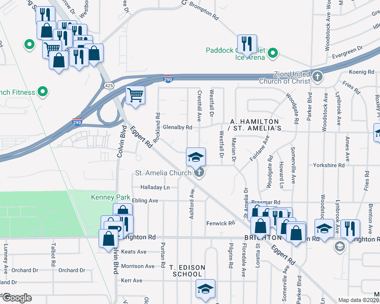 map of restaurants, bars, coffee shops, grocery stores, and more near 14 Cresthill Avenue in Tonawanda