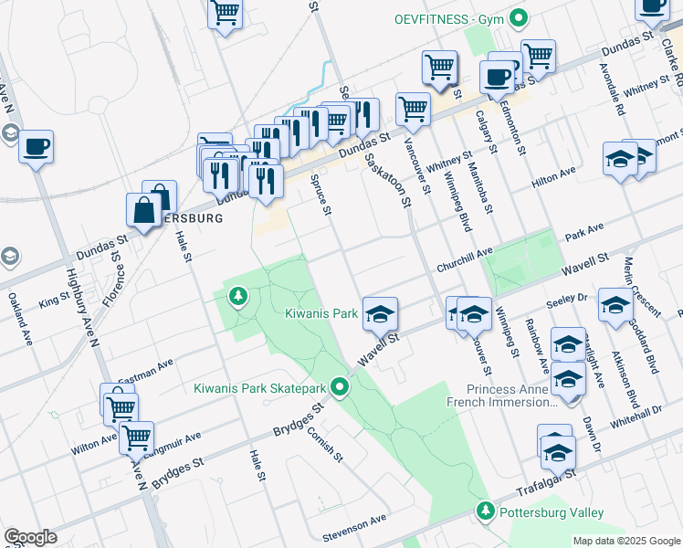 map of restaurants, bars, coffee shops, grocery stores, and more near 321 Spruce Street in London