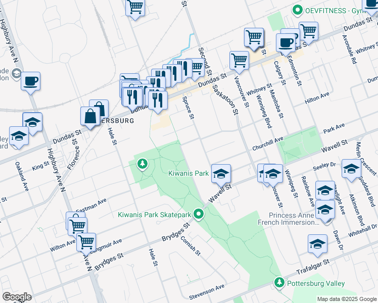 map of restaurants, bars, coffee shops, grocery stores, and more near 338 Kiwanis Park Drive in London