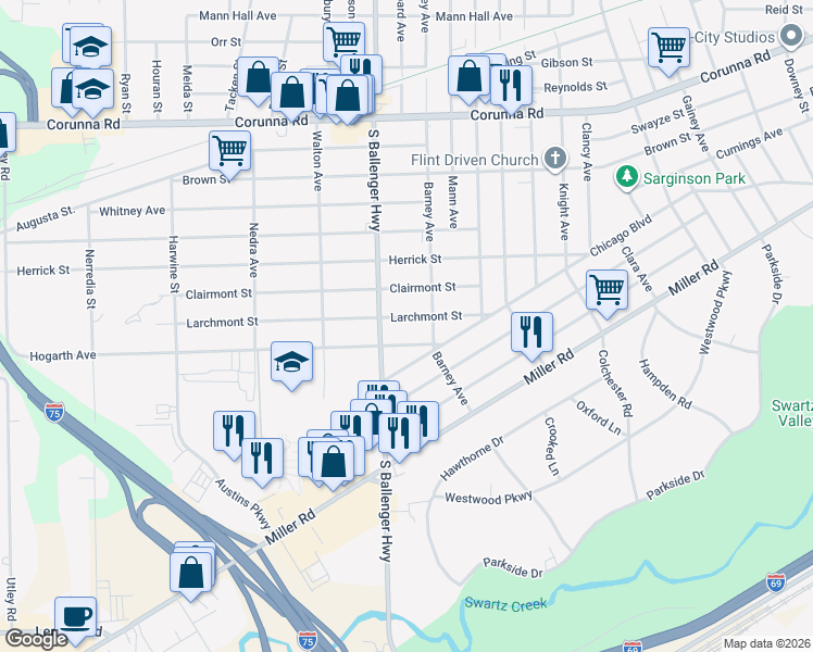 map of restaurants, bars, coffee shops, grocery stores, and more near 3410 Hogarth Avenue in Flint