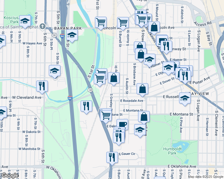 map of restaurants, bars, coffee shops, grocery stores, and more near 2650 South Greeley Street in Milwaukee