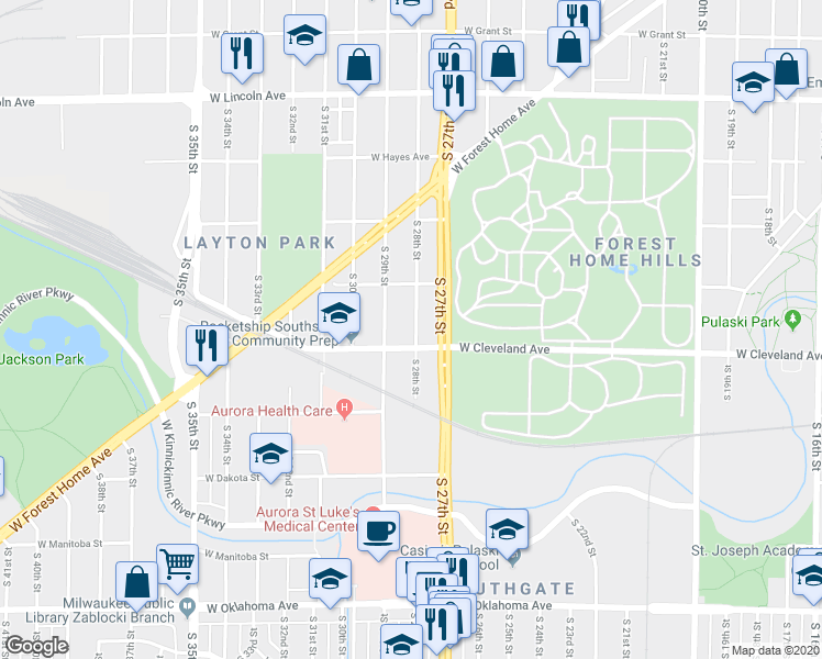 map of restaurants, bars, coffee shops, grocery stores, and more near 2675 South 28th Street in Milwaukee
