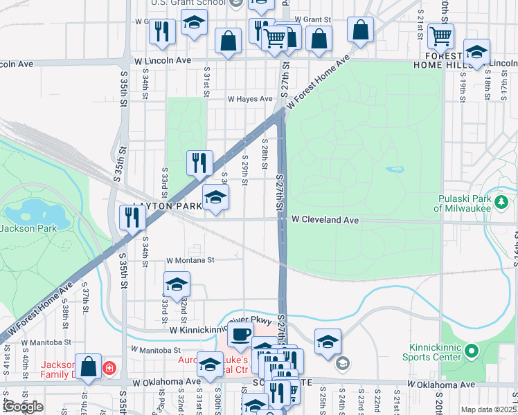map of restaurants, bars, coffee shops, grocery stores, and more near 2675 South 28th Street in Milwaukee