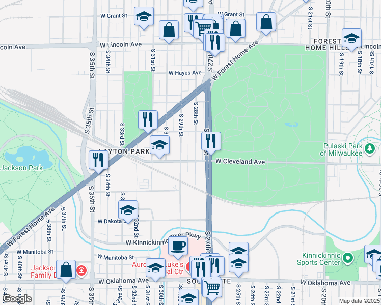 map of restaurants, bars, coffee shops, grocery stores, and more near 2675 South 28th Street in Milwaukee