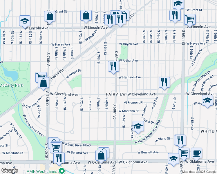 map of restaurants, bars, coffee shops, grocery stores, and more near 2662 South 69th Street in Milwaukee