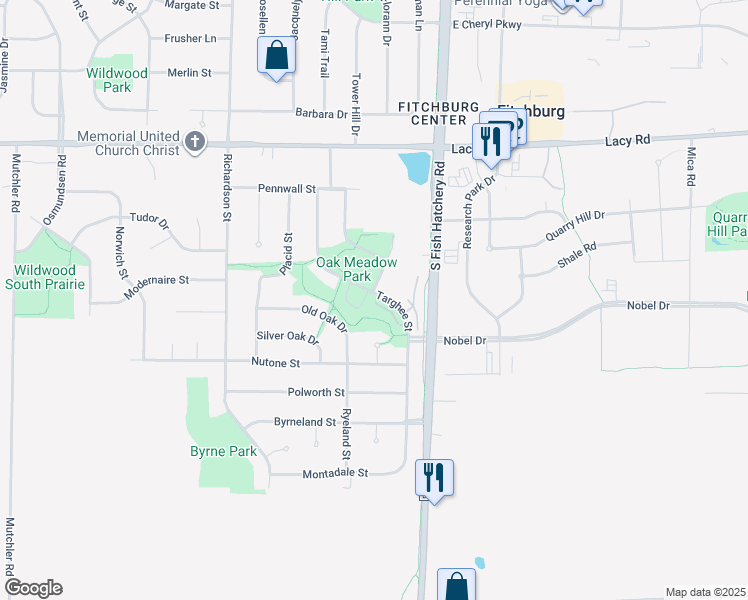 map of restaurants, bars, coffee shops, grocery stores, and more near 29 Oak Park Way in Fitchburg