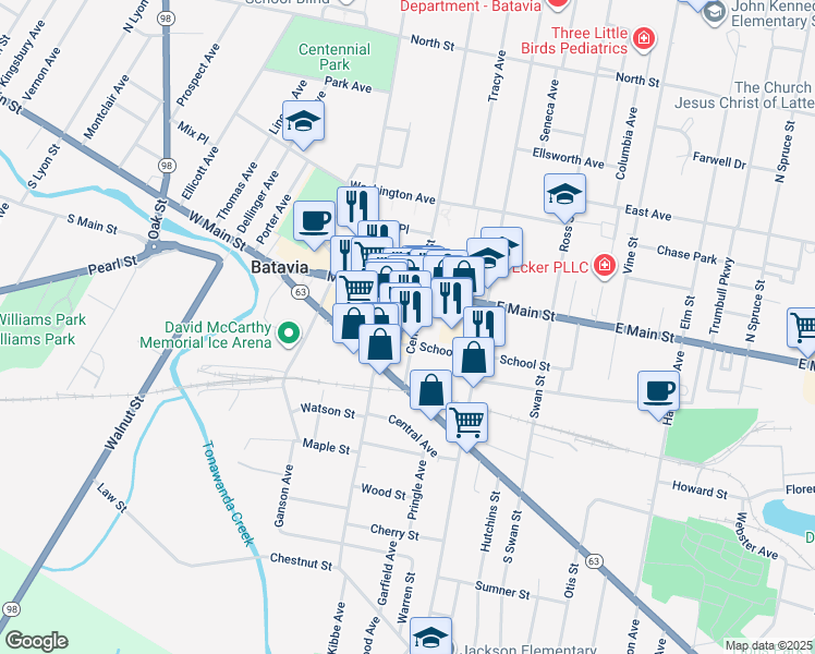 map of restaurants, bars, coffee shops, grocery stores, and more near 3 School Street in Batavia