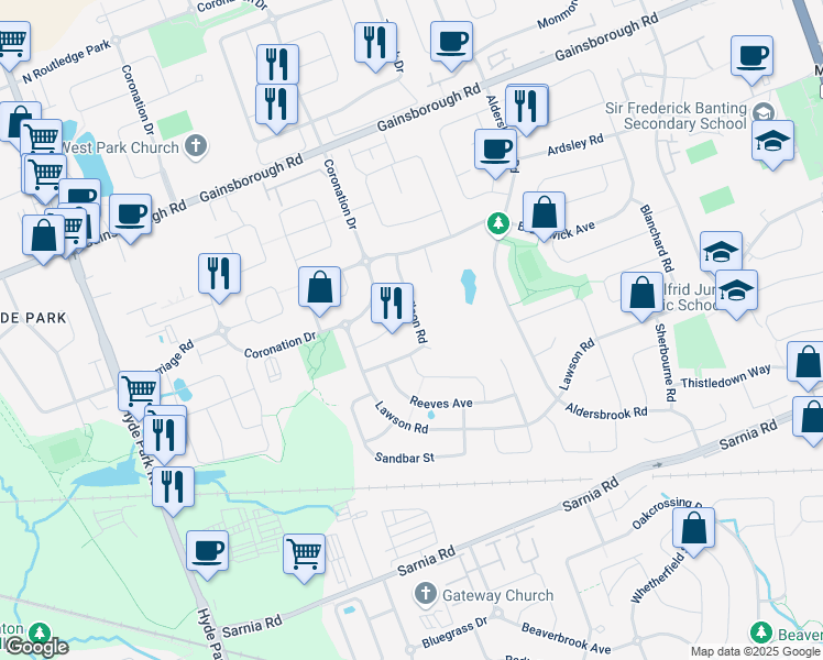 map of restaurants, bars, coffee shops, grocery stores, and more near 1297 Elson Road in London