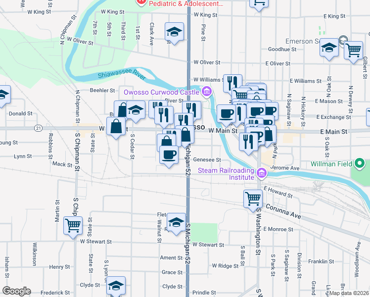 map of restaurants, bars, coffee shops, grocery stores, and more near 220 South Shiawassee Street in Owosso