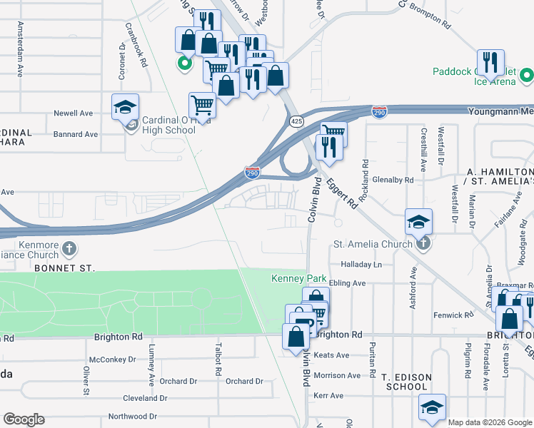 map of restaurants, bars, coffee shops, grocery stores, and more near 100 Sharon Avenue in Tonawanda