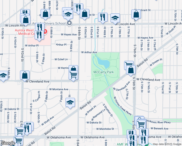 map of restaurants, bars, coffee shops, grocery stores, and more near 2650 South 82nd Street in West Allis