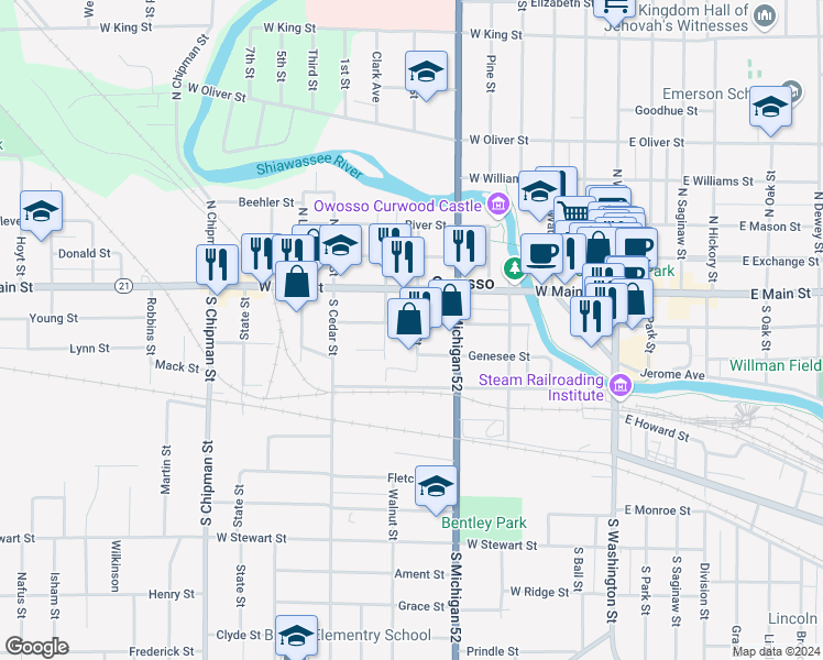 map of restaurants, bars, coffee shops, grocery stores, and more near 601 Clinton Street in Owosso