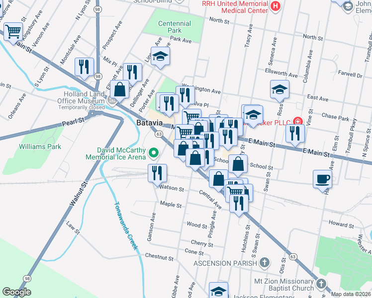 map of restaurants, bars, coffee shops, grocery stores, and more near 51-89 Ellicott Street in Batavia