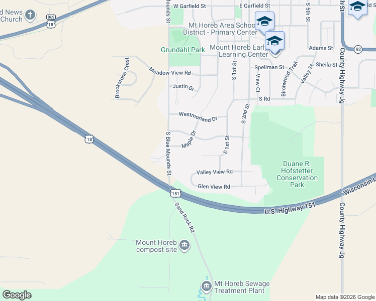 map of restaurants, bars, coffee shops, grocery stores, and more near 121 Autumnwood Circle in Mount Horeb