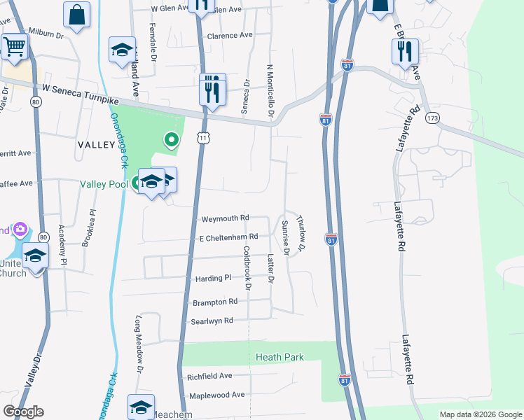 map of restaurants, bars, coffee shops, grocery stores, and more near 109 Latter Drive in Syracuse