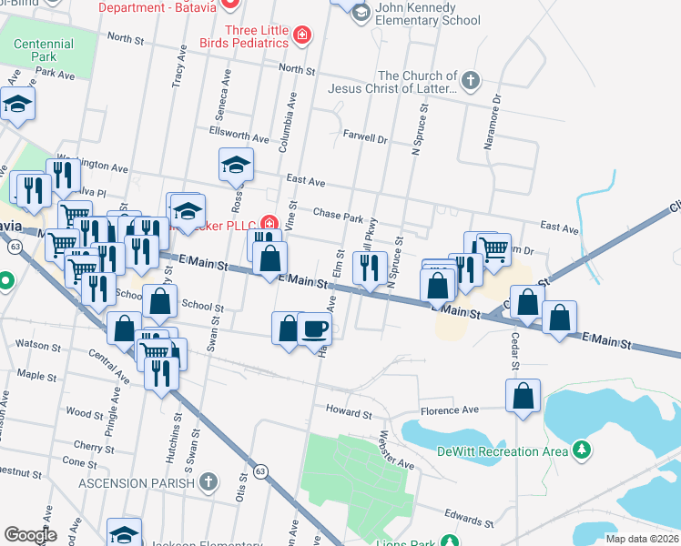 map of restaurants, bars, coffee shops, grocery stores, and more near 511 New York 5 in Batavia