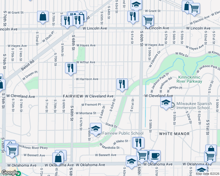 map of restaurants, bars, coffee shops, grocery stores, and more near 6300 West Cleveland Avenue in Milwaukee