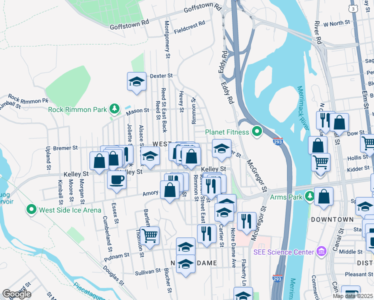 map of restaurants, bars, coffee shops, grocery stores, and more near 577 Hevey Street in Manchester