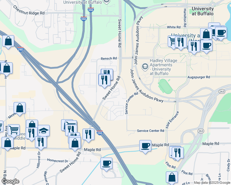 map of restaurants, bars, coffee shops, grocery stores, and more near 1201 Sweet Home Road in Buffalo