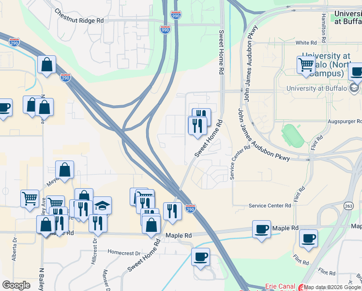 map of restaurants, bars, coffee shops, grocery stores, and more near 3880 Rensch Road in Buffalo