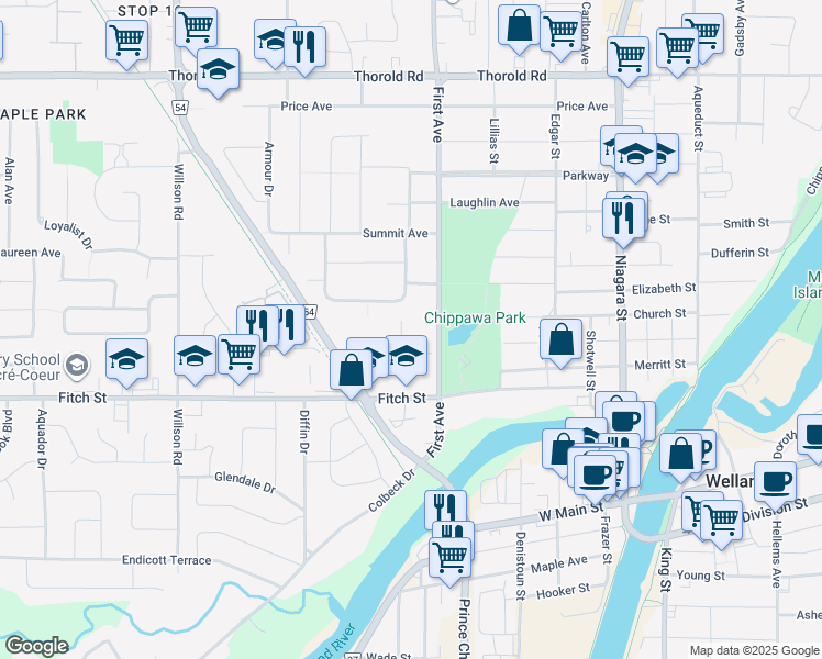 map of restaurants, bars, coffee shops, grocery stores, and more near 85 First Avenue in Welland