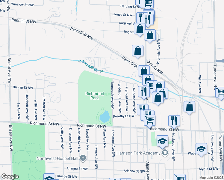 map of restaurants, bars, coffee shops, grocery stores, and more near 1762 Tamarack Avenue Northwest in Grand Rapids