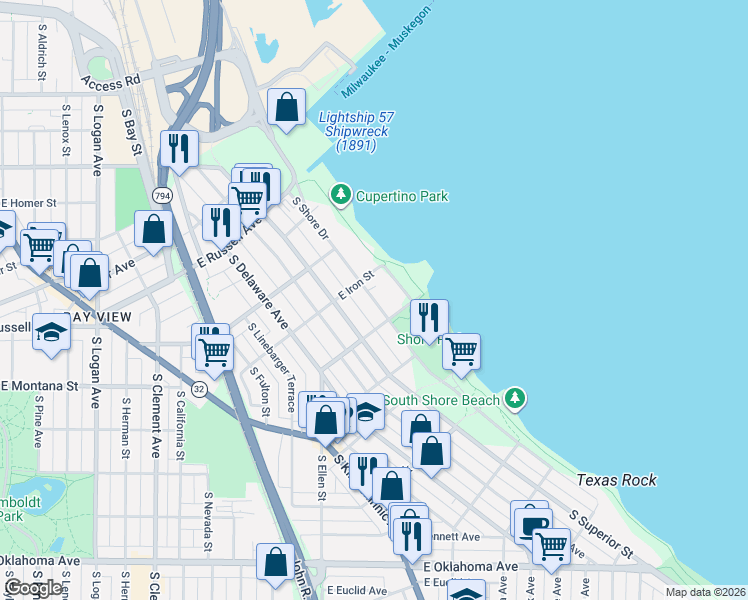 map of restaurants, bars, coffee shops, grocery stores, and more near 2739 South Shore Drive in Milwaukee