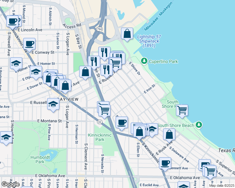 map of restaurants, bars, coffee shops, grocery stores, and more near 2615 South Delaware Avenue in Milwaukee