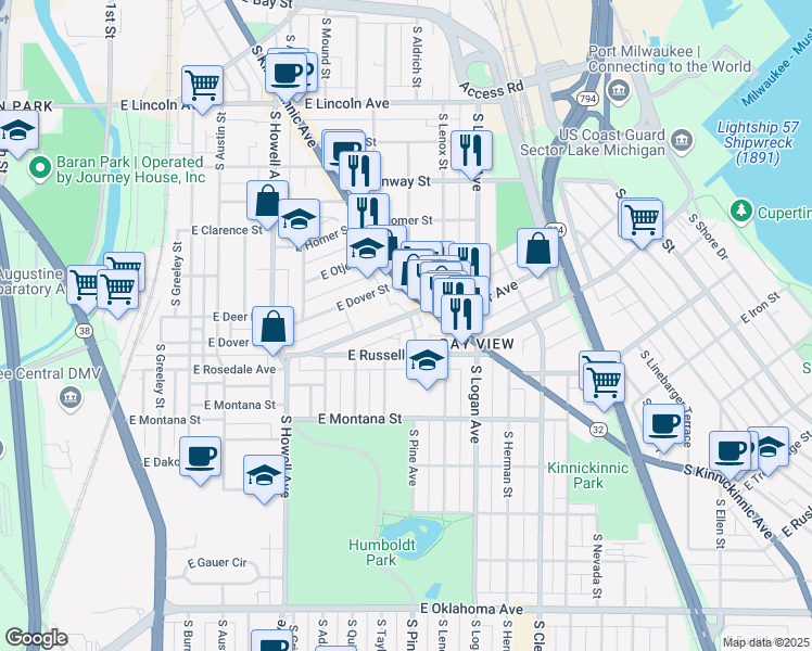 map of restaurants, bars, coffee shops, grocery stores, and more near 708 East Russell Avenue in Milwaukee