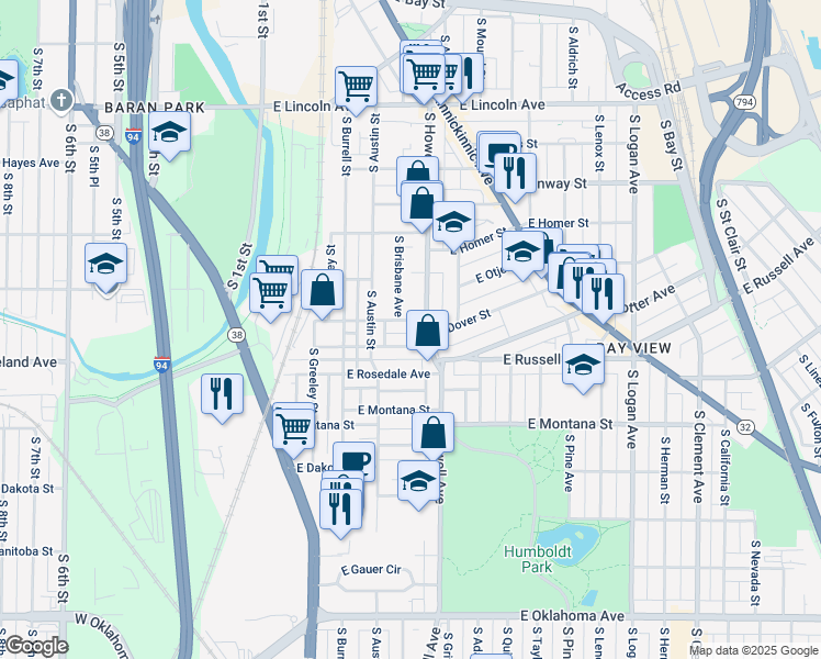 map of restaurants, bars, coffee shops, grocery stores, and more near 332 East Dover Street in Milwaukee