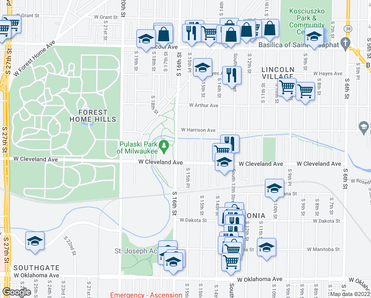 map of restaurants, bars, coffee shops, grocery stores, and more near 2675 South 15th Place in Milwaukee