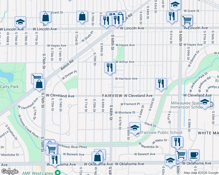 map of restaurants, bars, coffee shops, grocery stores, and more near 2664 South 68th Street in Milwaukee