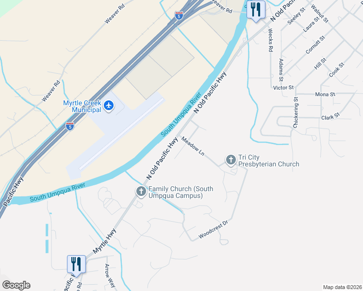 map of restaurants, bars, coffee shops, grocery stores, and more near 597 Irving Drive in Myrtle Creek