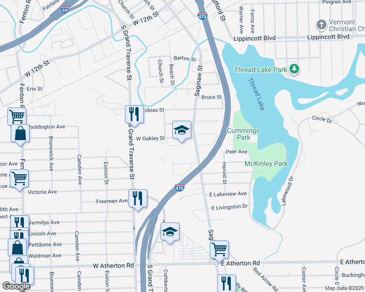 map of restaurants, bars, coffee shops, grocery stores, and more near 2820 Saginaw Street in Flint