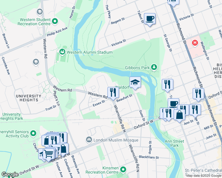map of restaurants, bars, coffee shops, grocery stores, and more near 363 Wharncliffe Road North in London