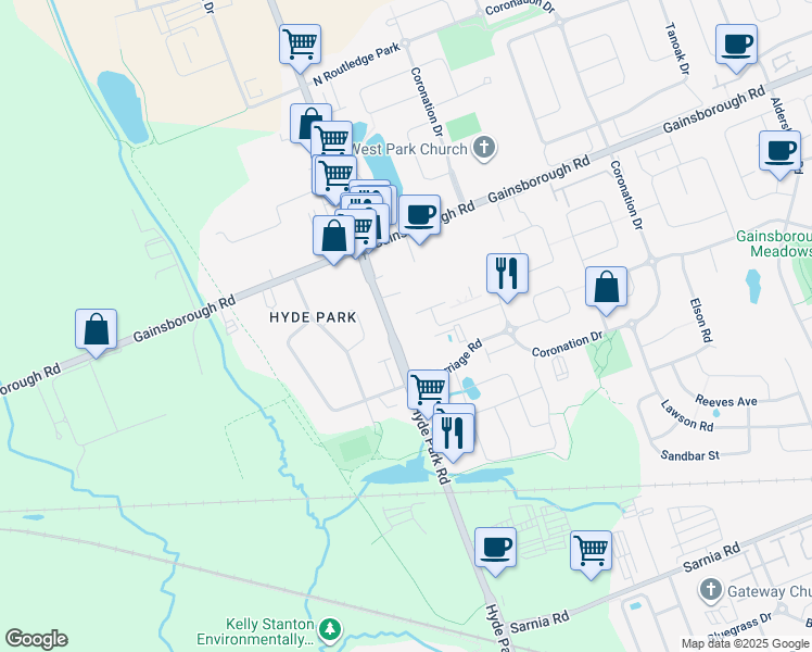 map of restaurants, bars, coffee shops, grocery stores, and more near 1503 Hyde Park Road in London