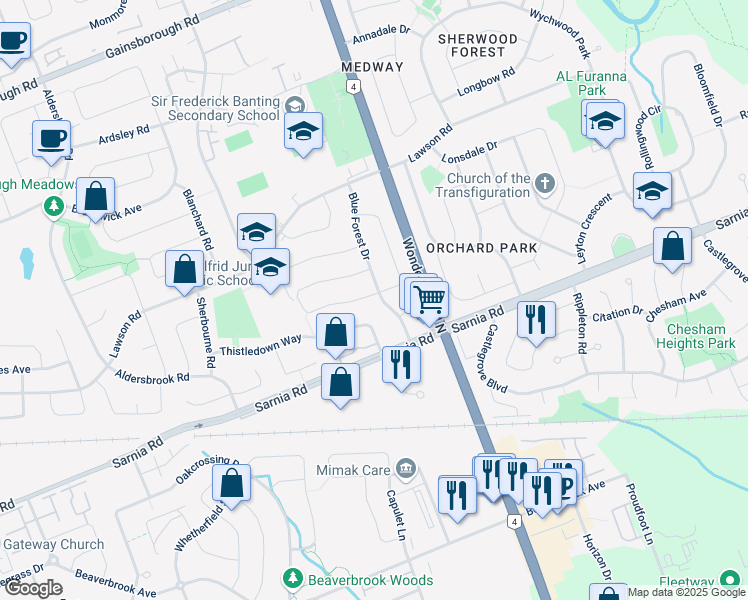 map of restaurants, bars, coffee shops, grocery stores, and more near 309 Blue Forest Drive in London