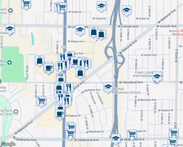 map of restaurants, bars, coffee shops, grocery stores, and more near 10204 West National Avenue in West Allis