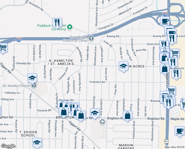 map of restaurants, bars, coffee shops, grocery stores, and more near 542 Woodstock Avenue in Tonawanda