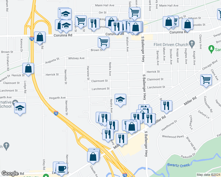 map of restaurants, bars, coffee shops, grocery stores, and more near Nedra Avenue in Flint