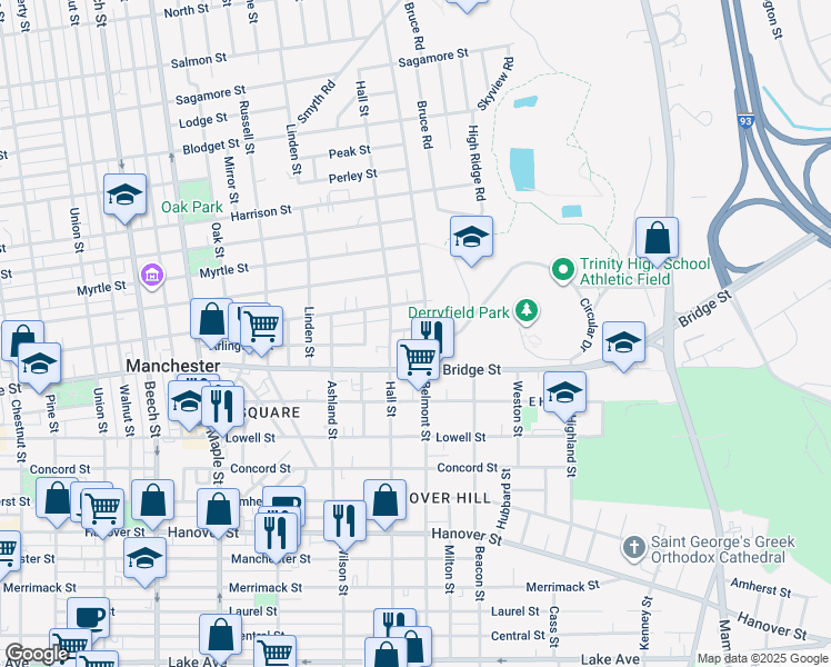 map of restaurants, bars, coffee shops, grocery stores, and more near 677 Belmont Street in Manchester