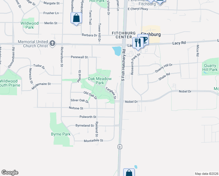 map of restaurants, bars, coffee shops, grocery stores, and more near 16 Oak Park Way in Fitchburg
