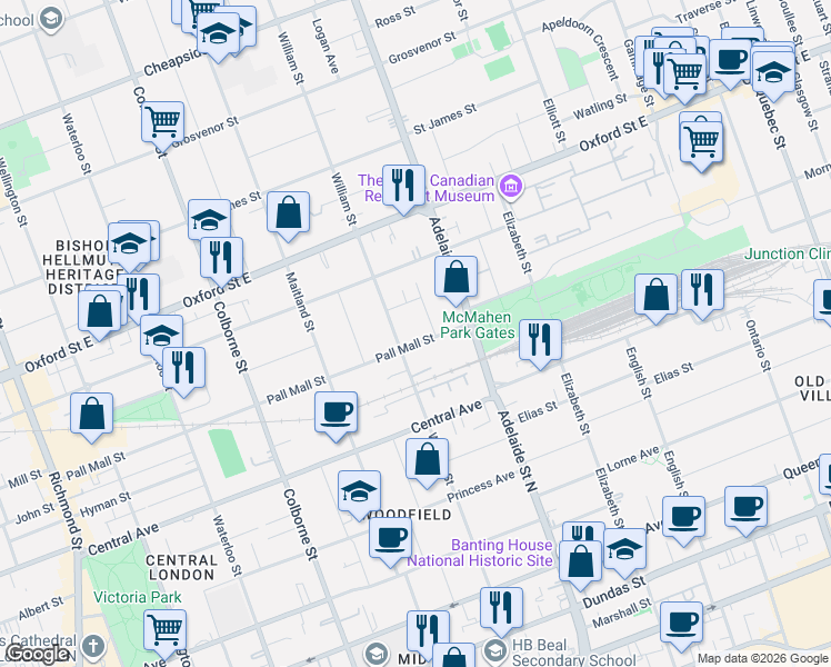 map of restaurants, bars, coffee shops, grocery stores, and more near 544 Pall Mall Street in London