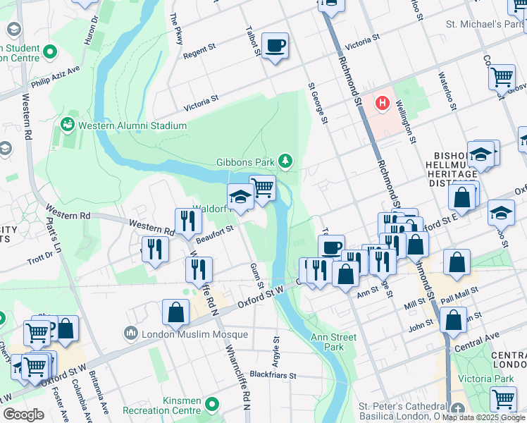 map of restaurants, bars, coffee shops, grocery stores, and more near 1 Beaufort Street in London