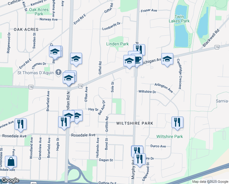 map of restaurants, bars, coffee shops, grocery stores, and more near 1118 Sole Street in Sarnia